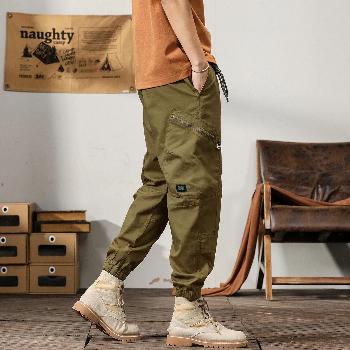 Men's cotton tapered harem pants with ankle banding in black, coffee, khaki or peacock green