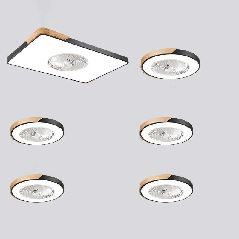 Nordic style ceiling fan with light fixture showing solid wood blades and PVC lampshade in rectangular configuration