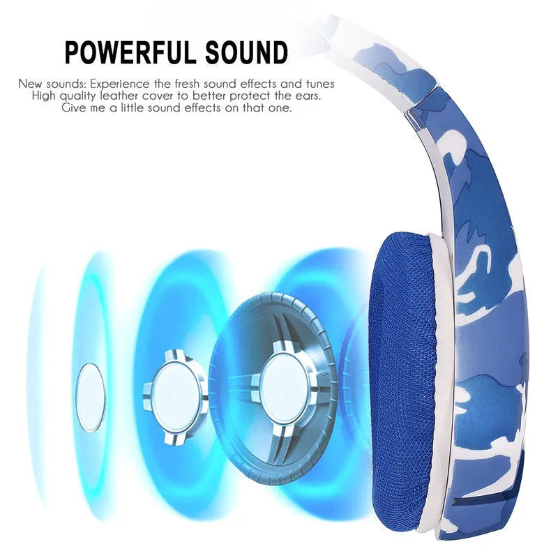 Wired gaming headset with cloth earmuffs and braided cable in camouflage blue colour with 3.5mm plug