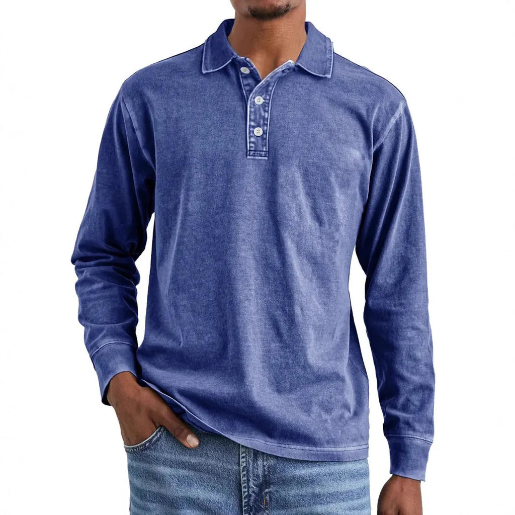 Men's retro washed distressed cotton lapel polo shirt in Army Green colour showing long sleeves and pointed collar