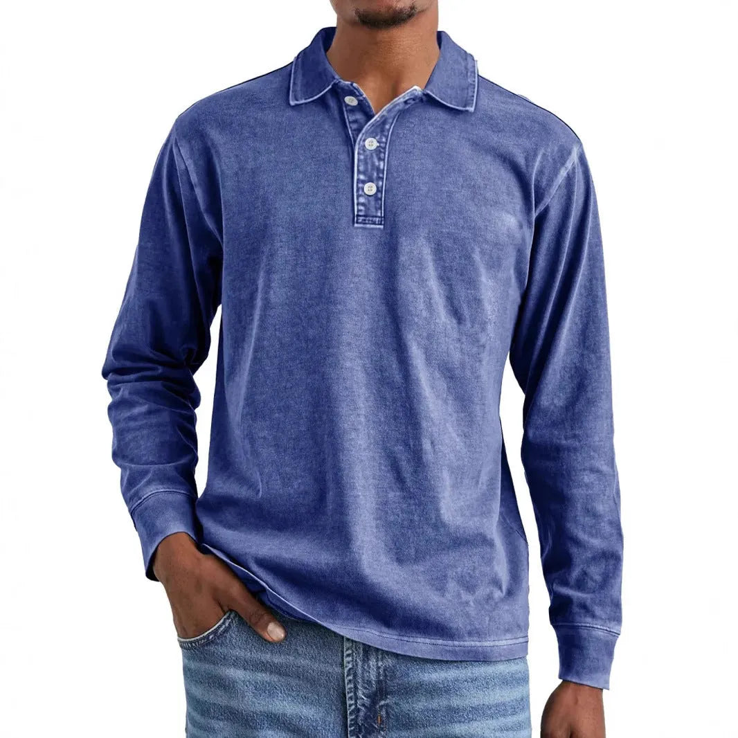 Men's retro washed distressed cotton lapel polo shirt in Army Green colour showing long sleeves and pointed collar