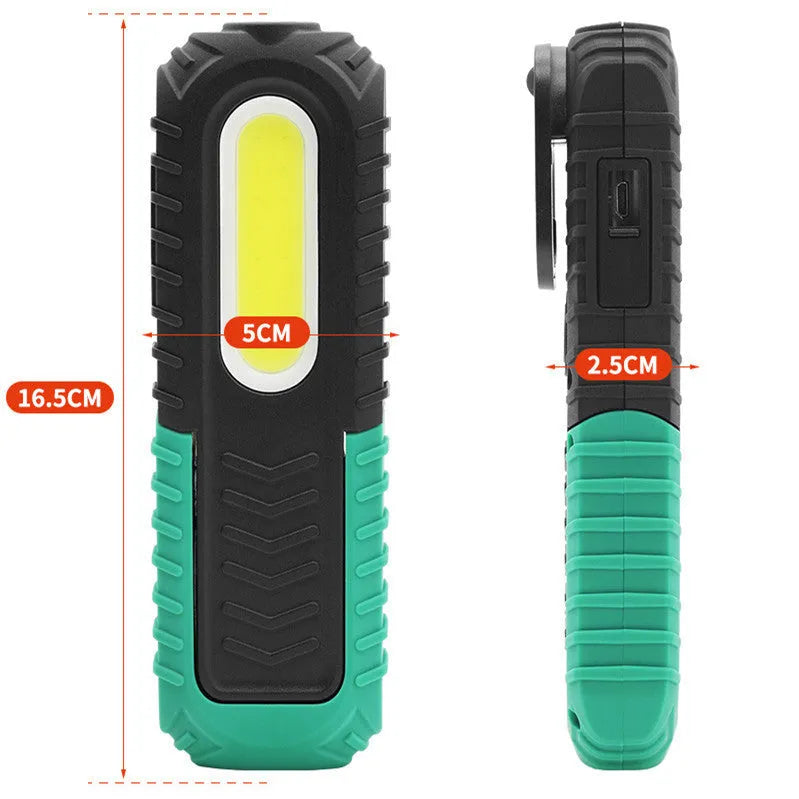 Black and green USB auto repair work light with PET-coated ABS plastic construction