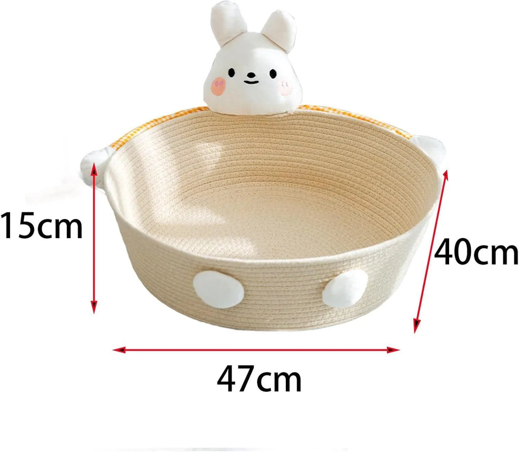 Woven cotton rope cat bed basket with integrated scratch pad in bear design