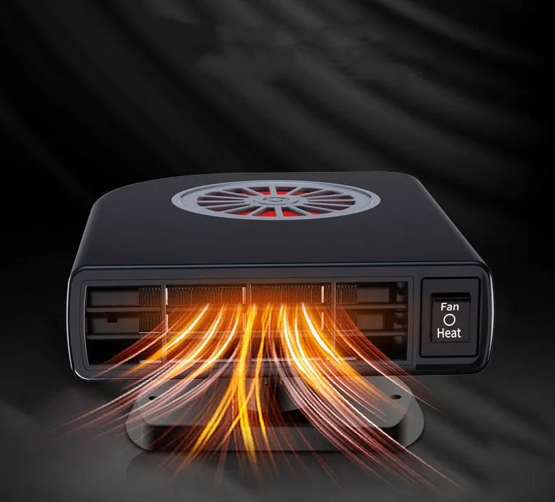 Black vehicle-mounted heater with adjustable vents for car defrosting and defogging, shown with double-sided adhesive.