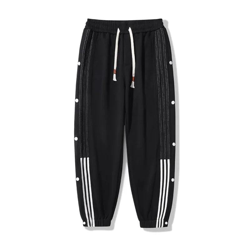 Men's black cotton blend sweatpants with high waist, belt, and adjustable ankle ties
