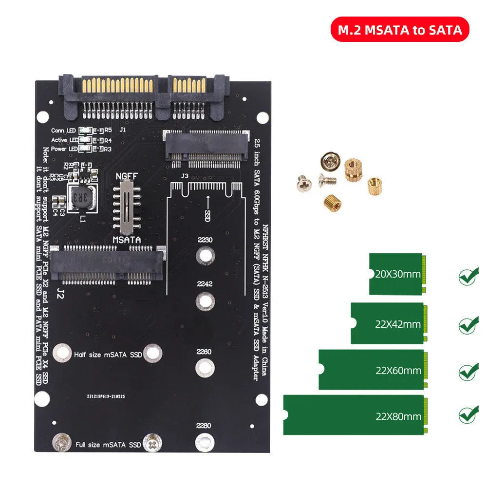 Black SATA3 to M2 NGFF MSATA SSD conversion adapter card with connectors