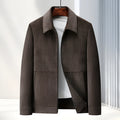 Men's slim-fit lapel casual jacket in black, caramel, dark blue, or brown.