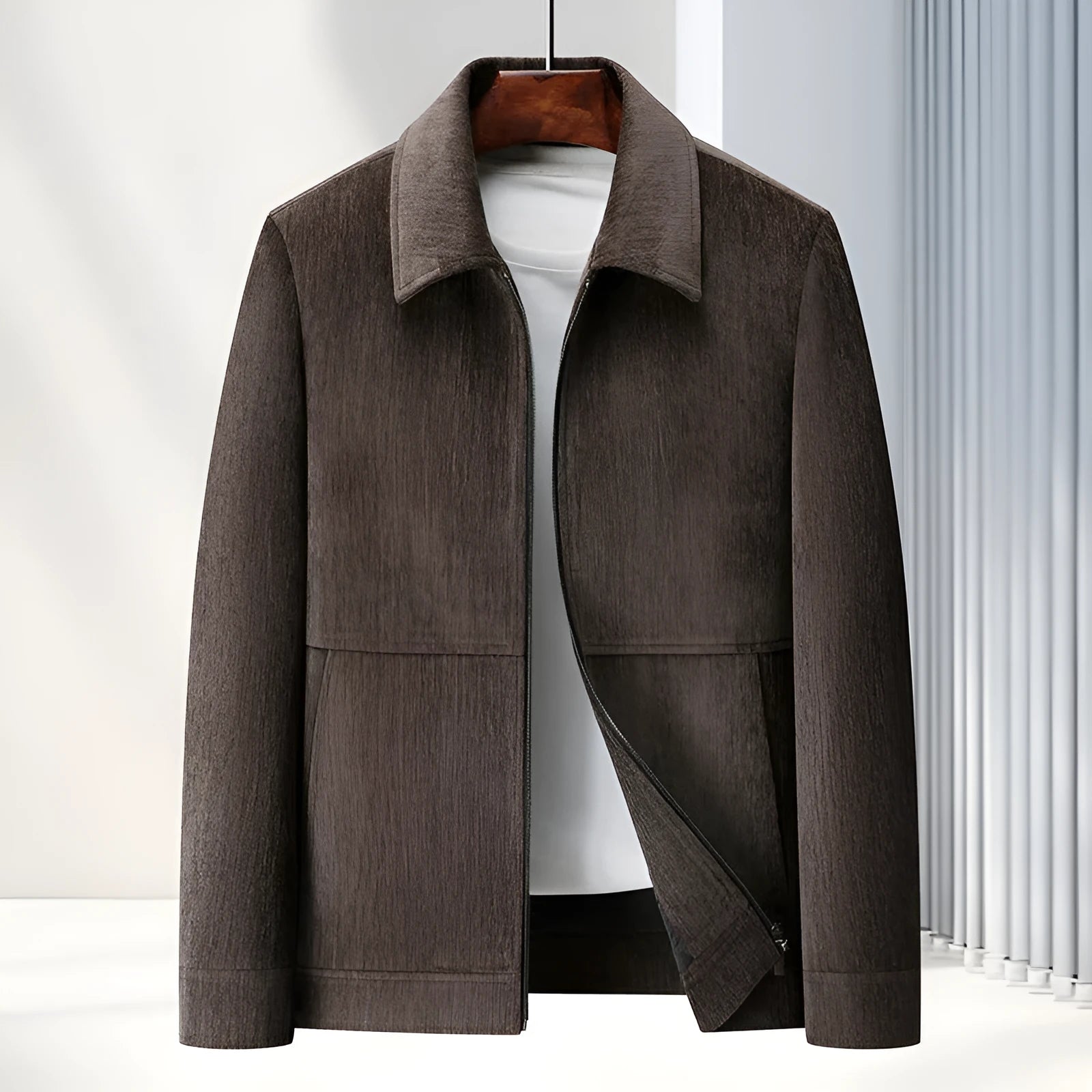Men's slim-fit lapel casual jacket in black, caramel, dark blue, or brown.