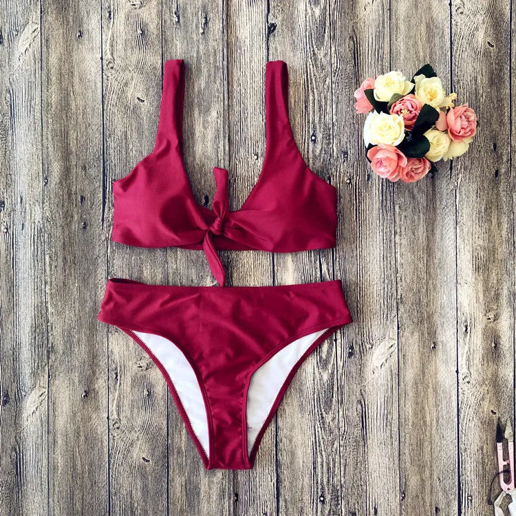 Women's solid colour bikini set in polyester, shown in one of five available colours.