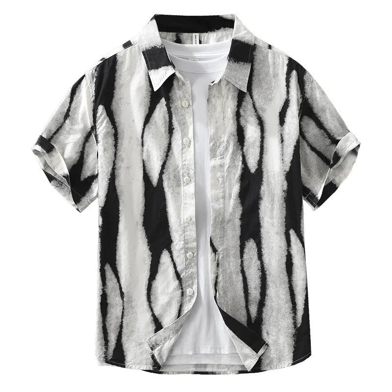 Retro striped printed short sleeve shirt in pure cotton with cardigan-style loose fit