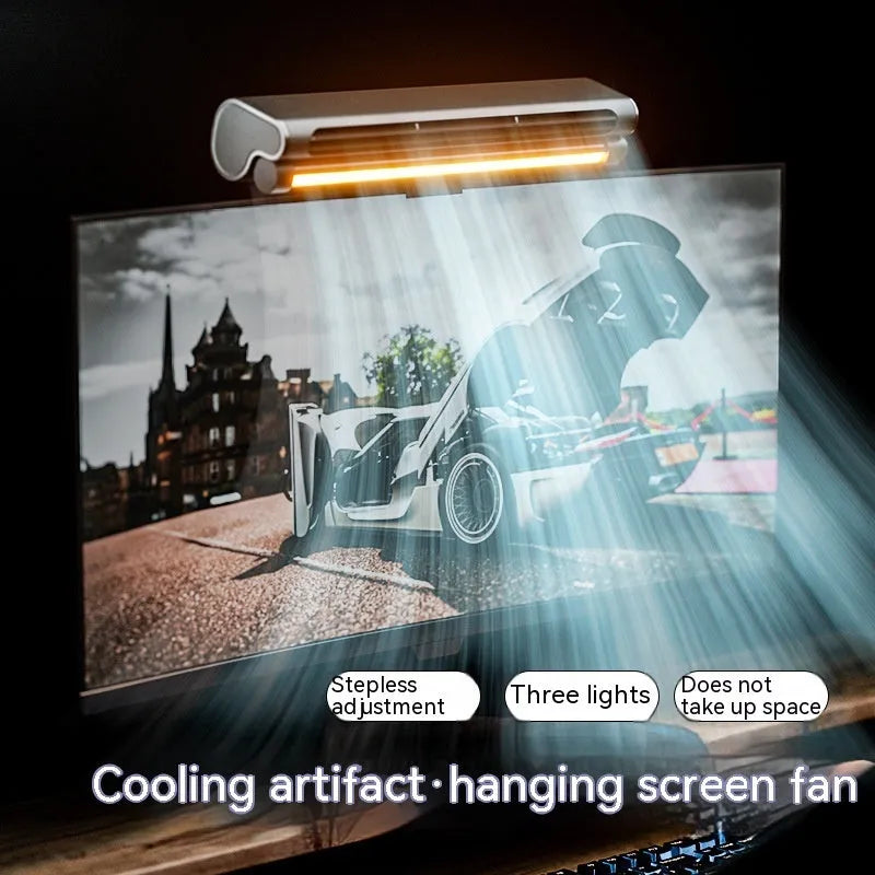 Black USB-powered bladeless clip-on laptop fan with integrated lighting lamp attached to computer screen