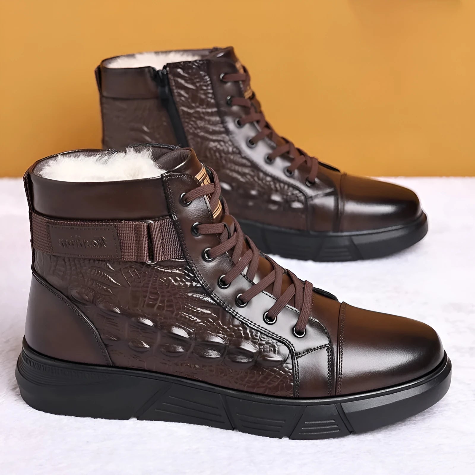 Women's genuine leather winter boots with fur lining and non-slip rubber soles in black with velvet trim