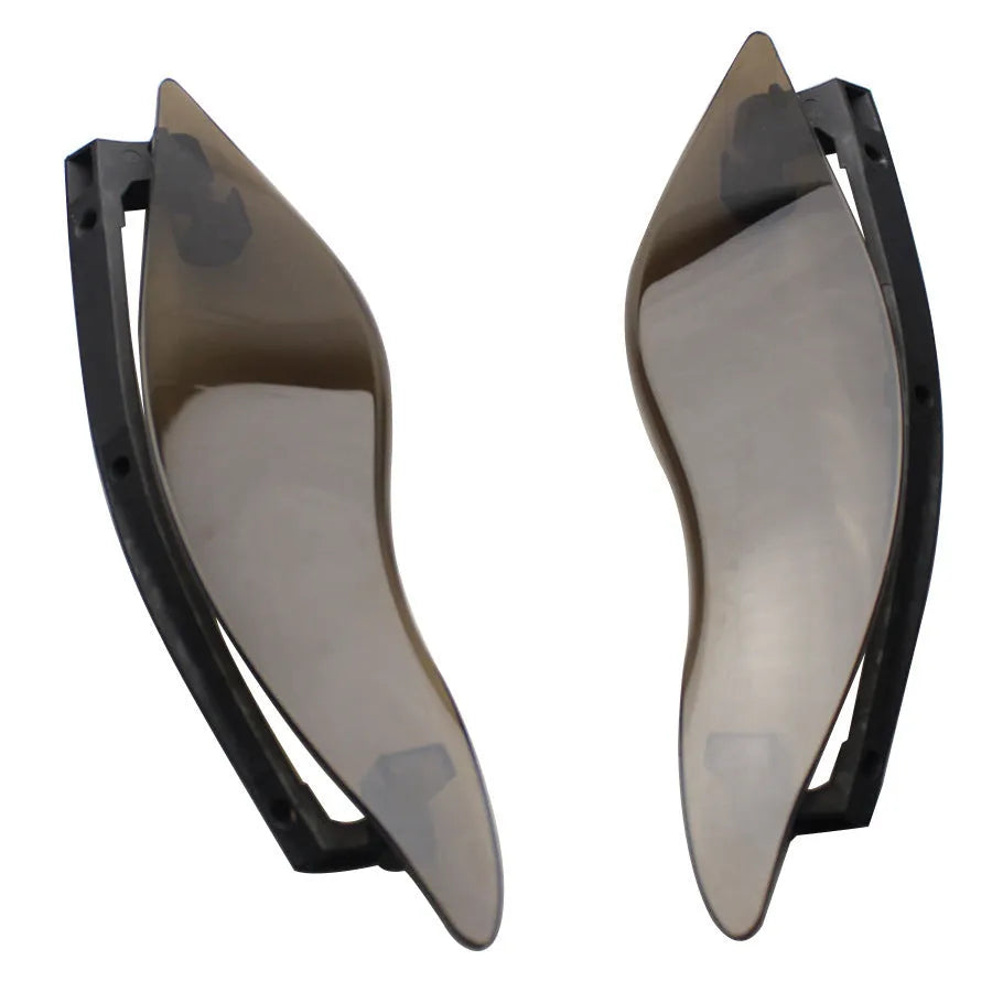 Set of two smoked ABS plastic side wings for a Harley three-wheel motorcycle windshield.