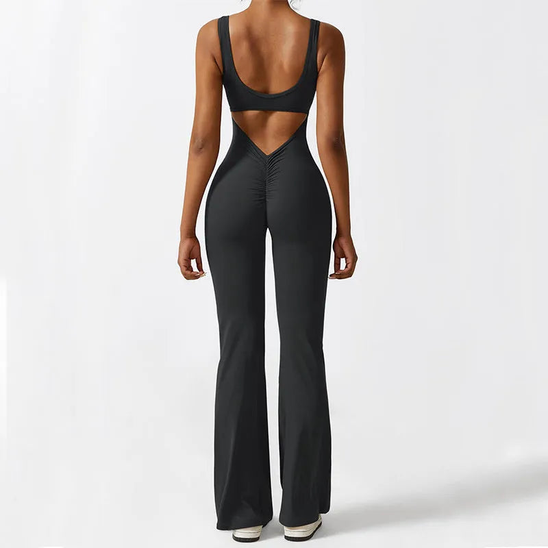 Women's sleeveless flare jumpsuit in high elasticity polyester fabric for yoga and fitness wear