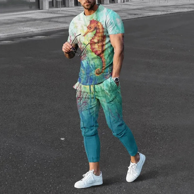 Man wearing a printed short-sleeve T-shirt and matching trousers from a polyester sports set.