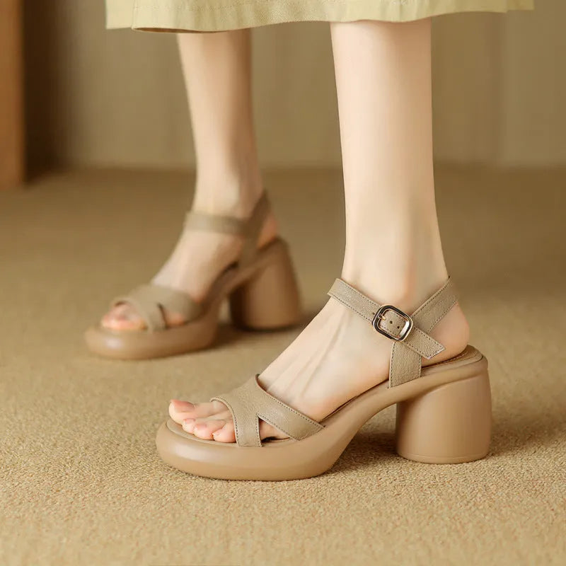 Women's open toe platform sandals in microfiber with rubber sole, round head toe holder