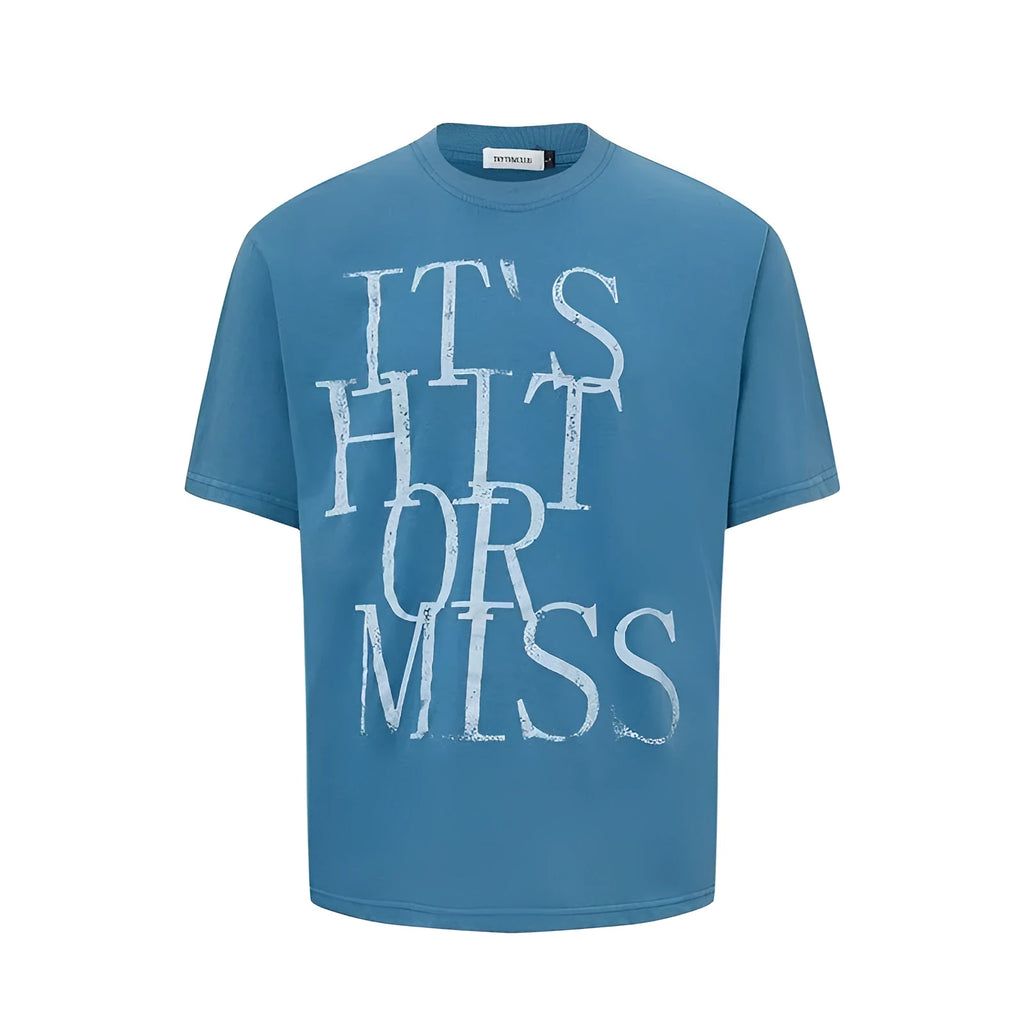 Men's loose fit American retro style t-shirt with letter print design in blue colour
