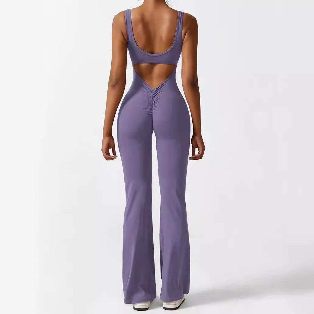 Women's sleeveless flare jumpsuit in high elasticity polyester fabric for yoga and fitness wear