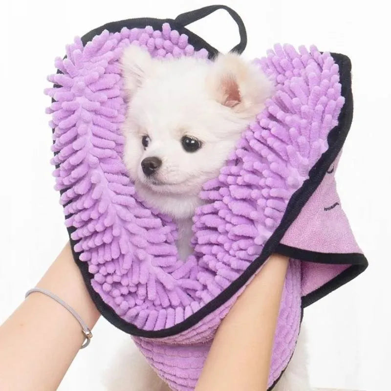Blue pet bath robe towel with absorbent quick-dry fibre, shown at 62 cm by 23 cm size.