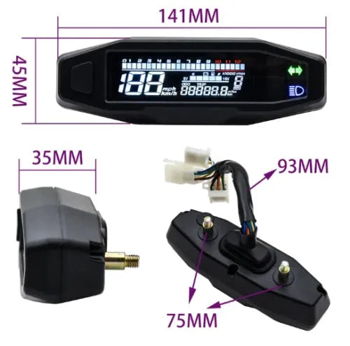 Black mini motorcycle LCD speedometer and oil gauge showing digital display on a 141mm by 45mm unit.