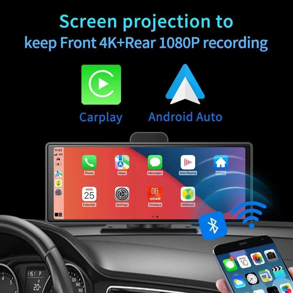 12-inch touch screen car dash cam with front and rear recording cameras on display