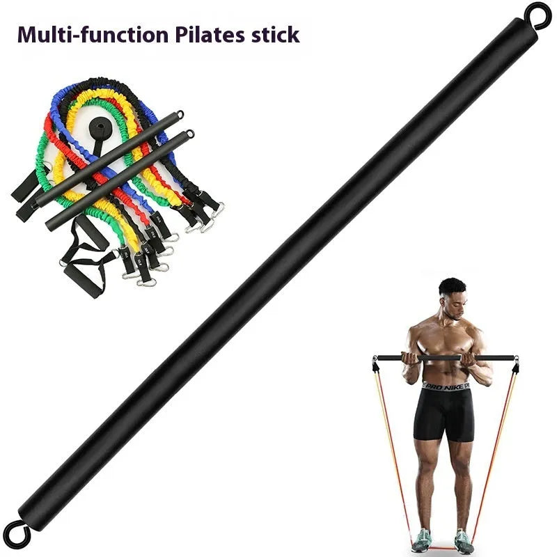 A two-segment push-and-pull fitness rod for yoga and pilates exercises.