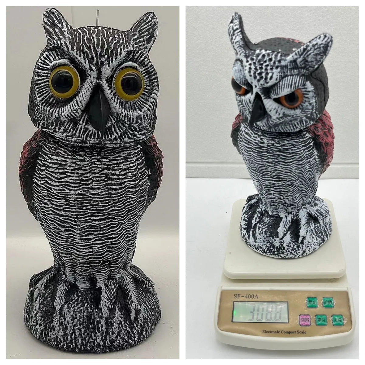 Artificial owl bait ornament with shaking head design for garden bird control in PE plastic construction