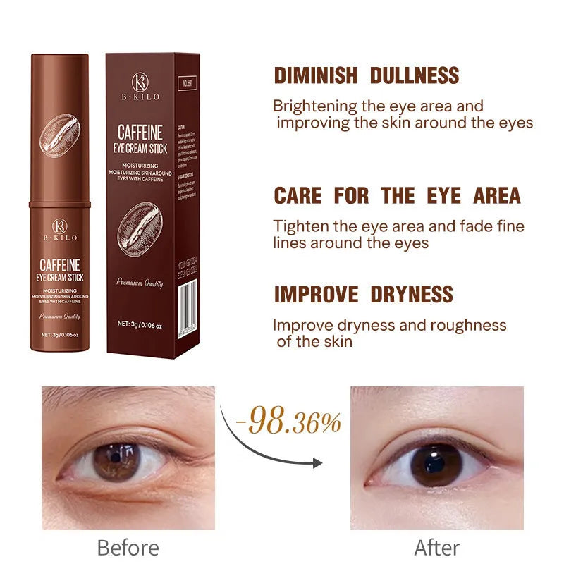 Caffeine eye cream stick in white applicator, 3g net content for dark circles and fine lines.