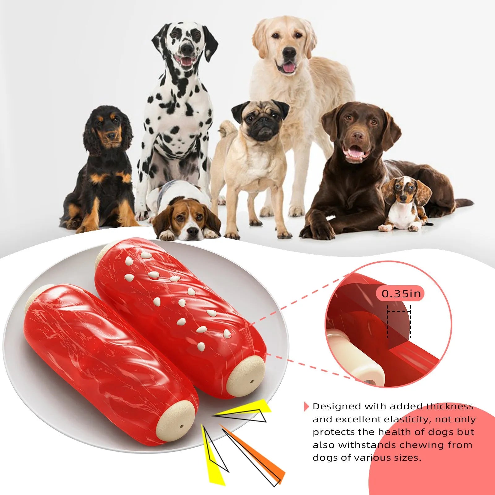 Primary colour plastic dog chew toy with molar rod snack holder and replaceable glue toothbrush attachment