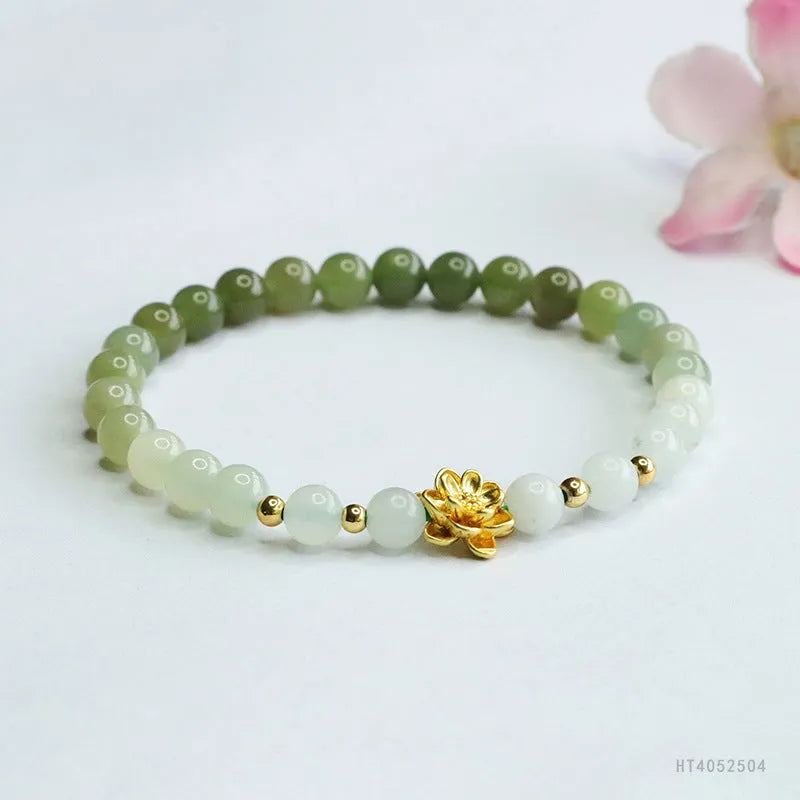 Hand-woven ancient style bracelet with Hetian jade water gradient colour and flower shape.