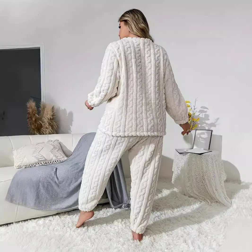 Women's milky white polyester two-piece pants set with crew neck top and matching trousers