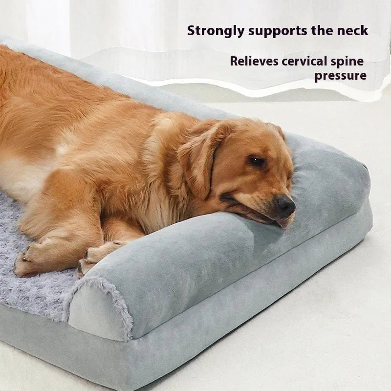 Grey cloth kennel for medium to large dogs showing three size options for indoor pet accommodation