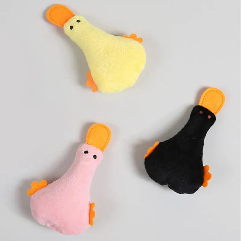 Duck plush pet toy with catnip filling and squeak sound feature in assorted colours