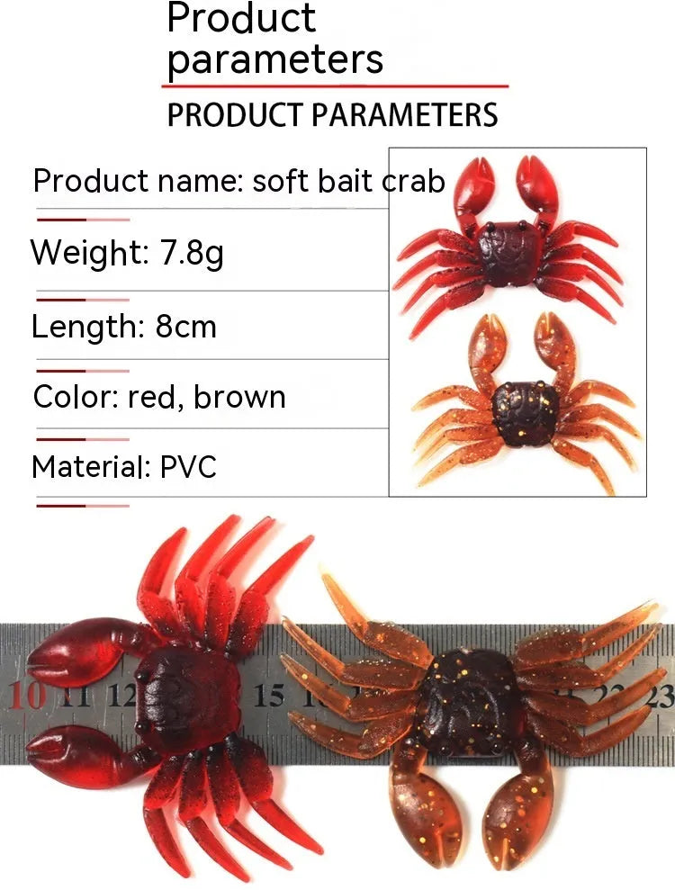 PVC software crab bait fishing lure measuring 8cm in red crab and brown crab specifications
