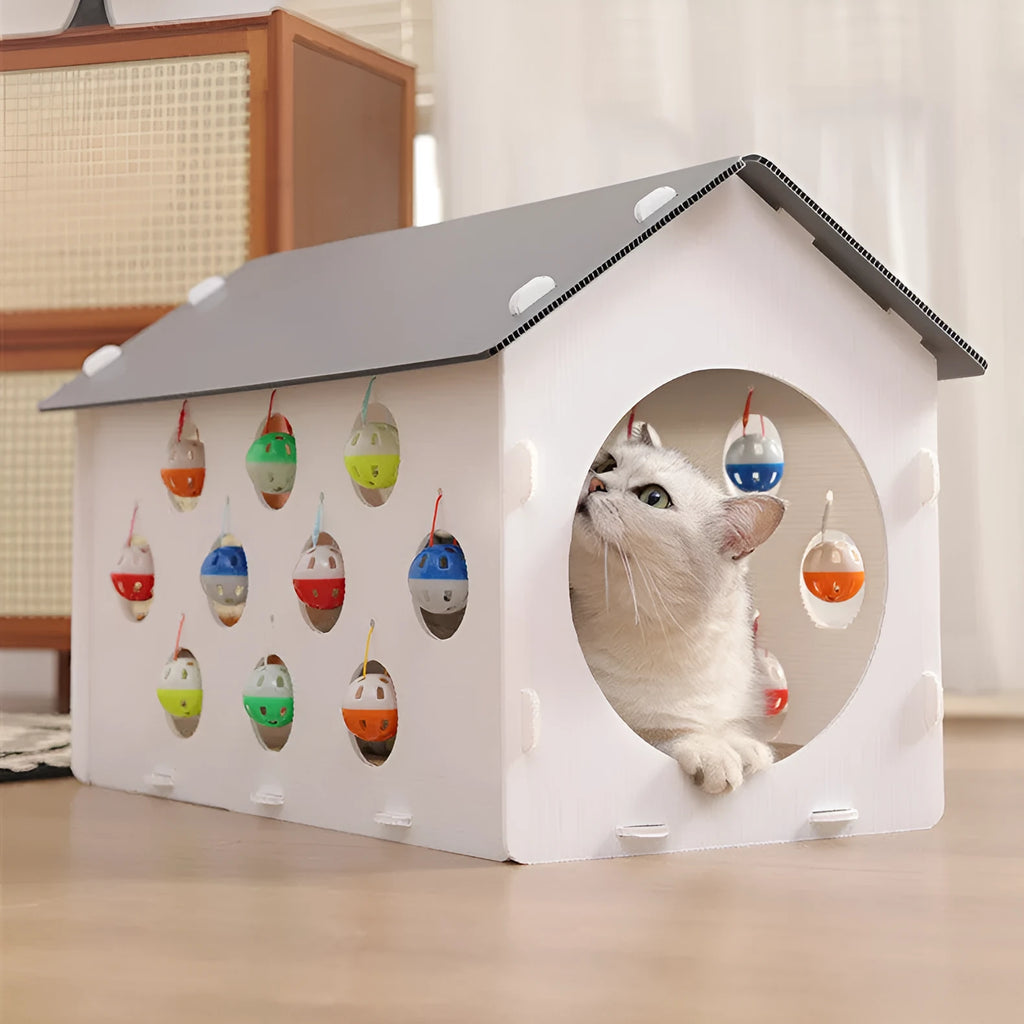 Integrated cat scratch board and nest with plastic tunnel and bell ball toy