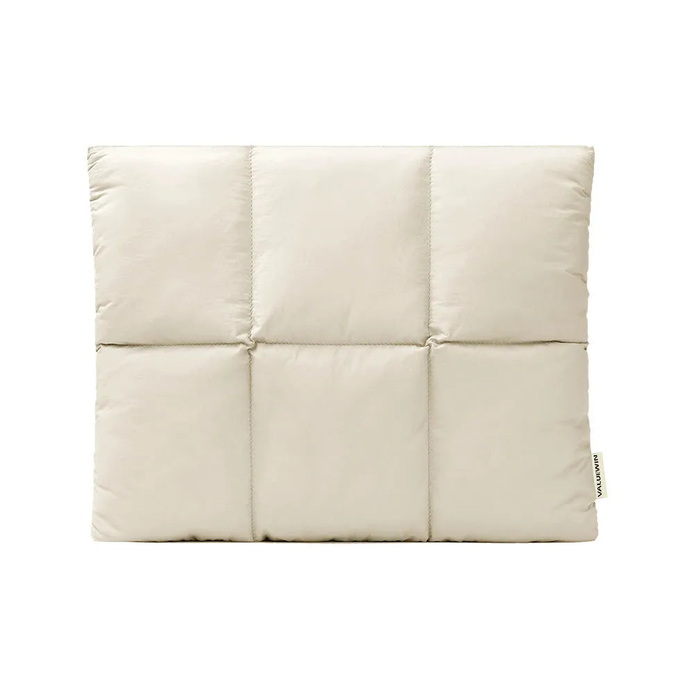 Soft fluffy polyester laptop sleeve in black or khaki with sewing thread detailing and four size options