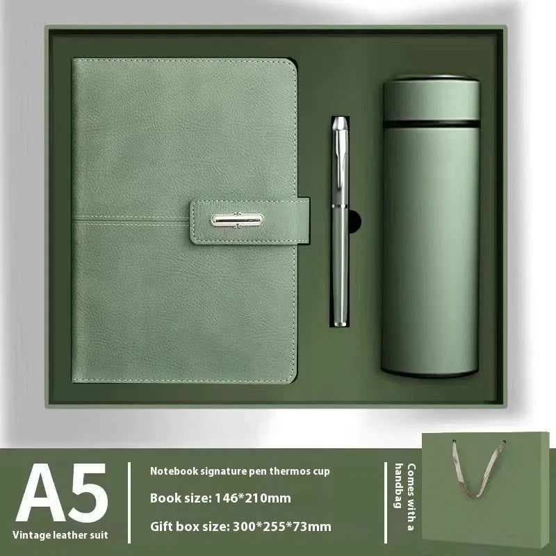 A5 notebook with PU leather cover open on wood-free paper, showing colour options of black, red, green, blue, orange, and tan.