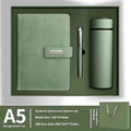 A5 notebook with PU leather cover open on wood-free paper, showing colour options of black, red, green, blue, orange, and tan.