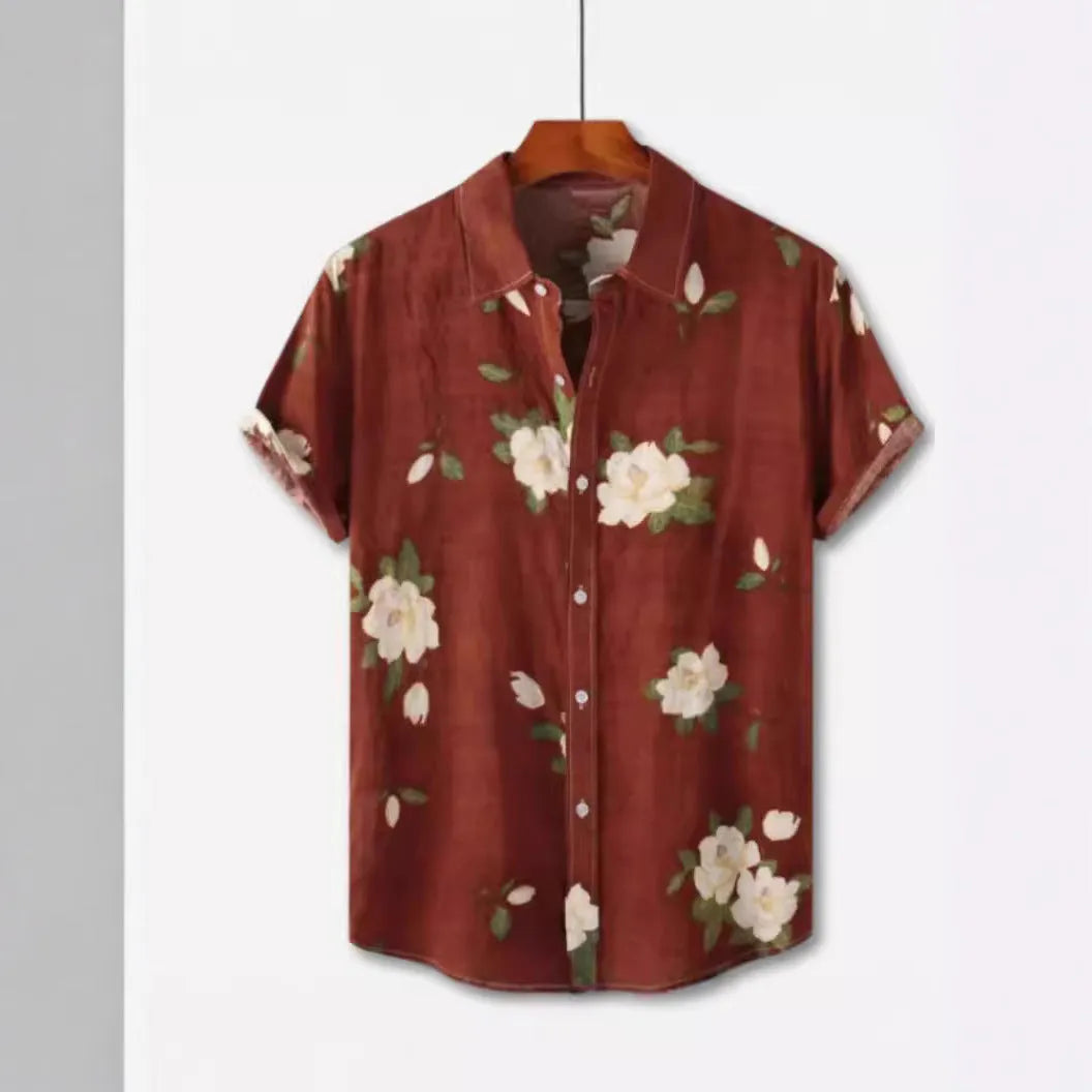 Hawaiian print lapel short sleeve shirt cardigan with digital printed floral pattern in street fashion style