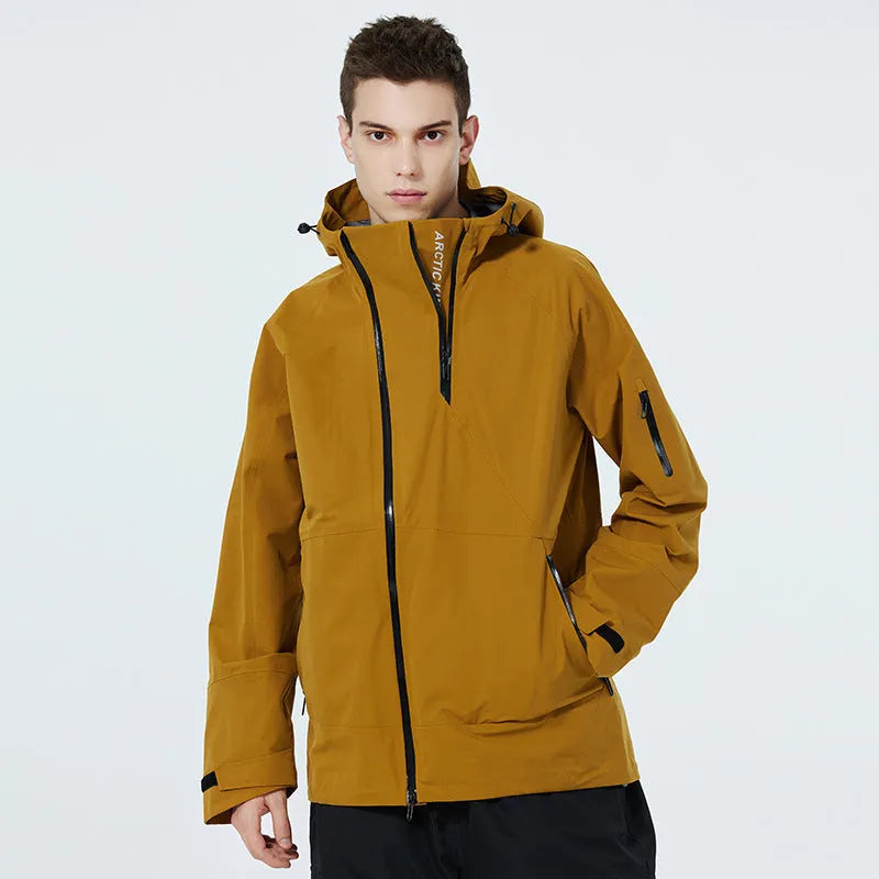 A unisex thin ski suit in yellow, shown on a model, designed for windproof and waterproof winter sports.