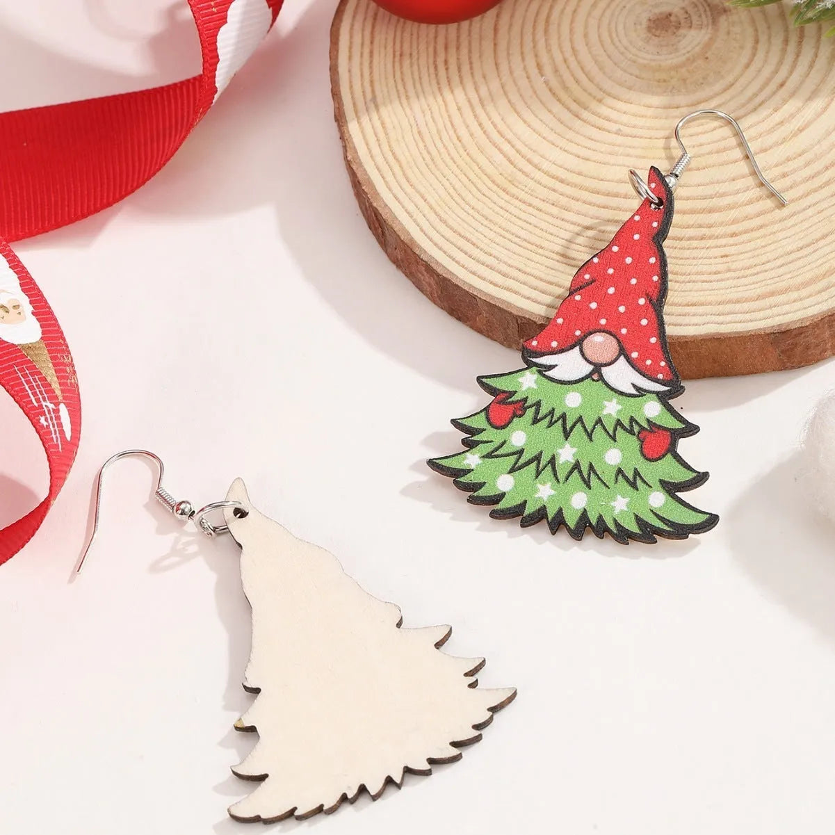 Geometric wooden Christmas earrings with Santa Claus printed designs