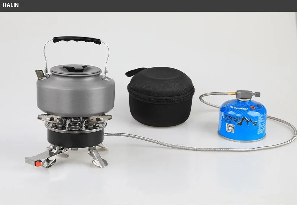 Silver stainless steel portable split camping stove with 100cm hose, folded to 155x125mm