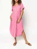 Women's casual button front mid-length dress in solid colour with regular sleeves and loose fit