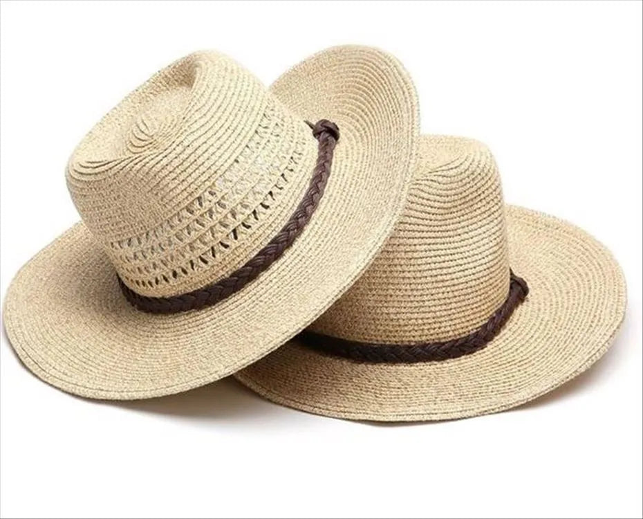 Men's foldable straw sun hat with wide brim in beige colour