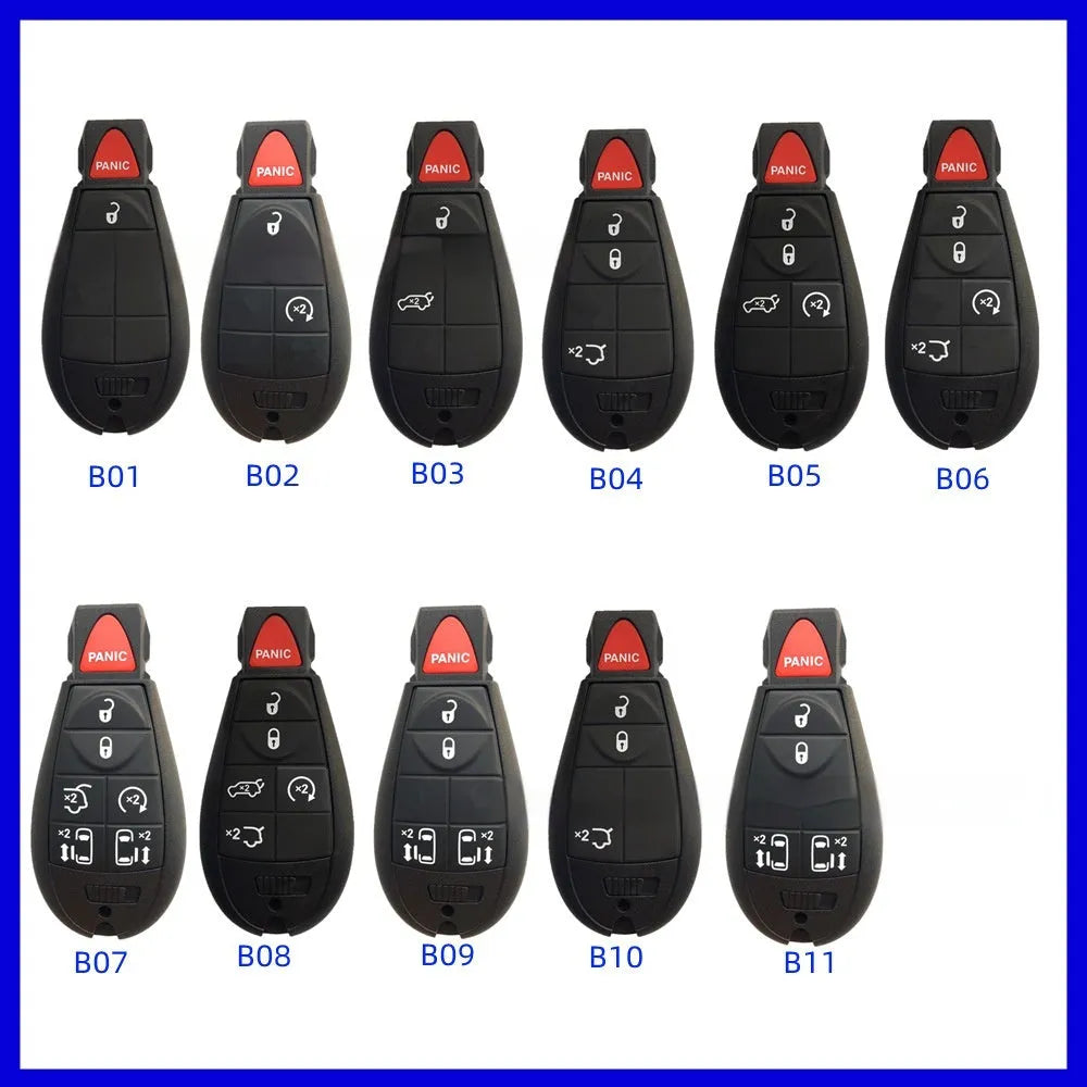 Chrysler Dodge smart key replacement shell in ABS brass and nylon, dimensions 85mm by 42mm by 15mm.