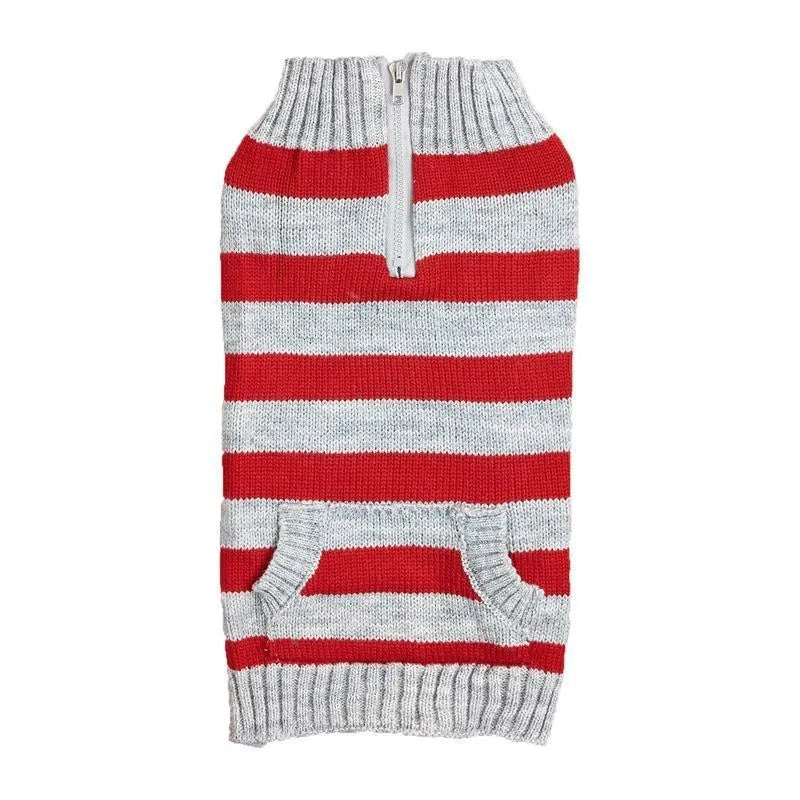 Grey acrylic dog sweater with horizontal zipper and button pocket for small to medium-sized dogs