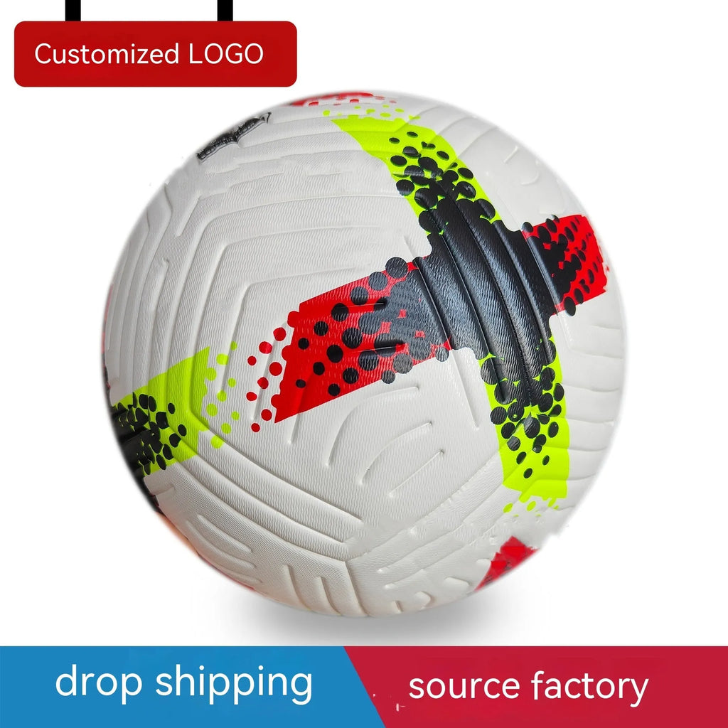Fluorescent green Size 5 PU football with seamless thermal adhesive patch construction on grass.