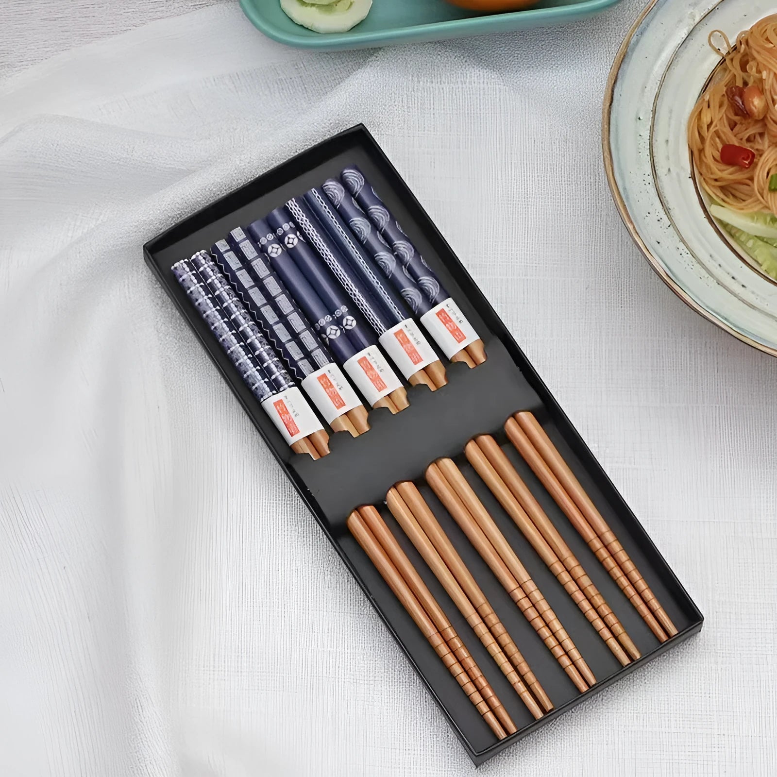 Five pairs of Japanese style bamboo chopsticks with lucky cat or elegant blue cartoon patterns