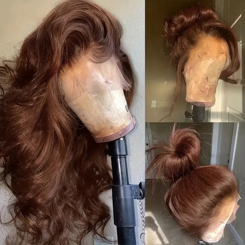 Long curly dark brown synthetic lace front wig with side fringe laid flat