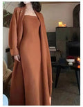 Women's grey knitted cardigan and dress two-piece set with long skirt and flocking detail